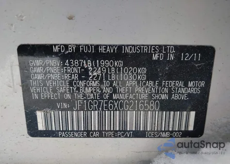 2012 Subaru Impreza Wrx Premium из США, поврежденный, VIN JF1GR7E6XCG216580